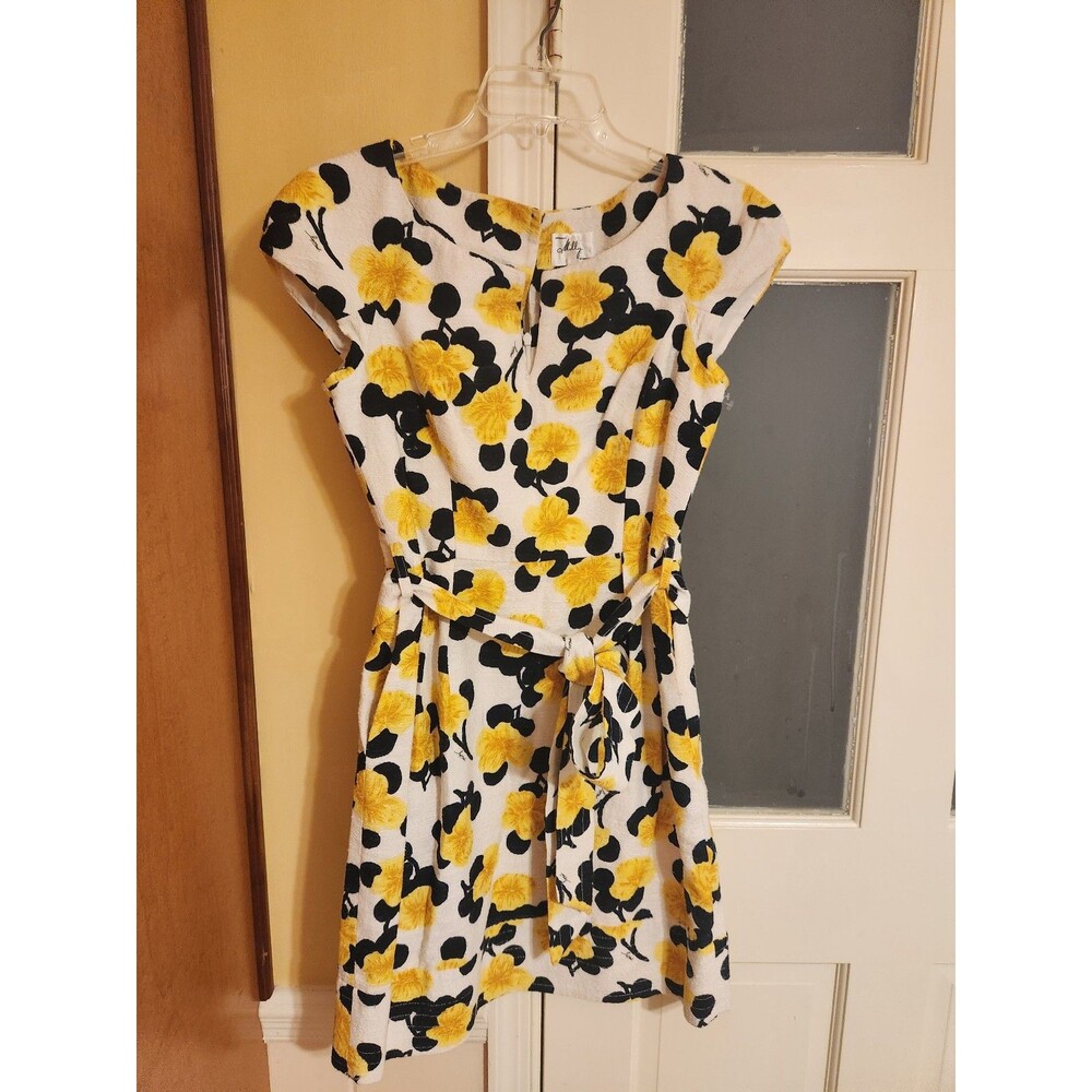 Milly of New York Yellow & Black Floral-Print Sheath Dress w/ Waist Tie Size 4